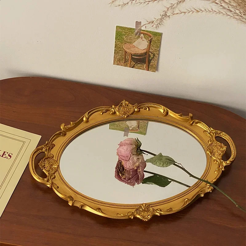 European Decorative Plate Storage Tray Oval Plate Jewelry Display Rotary Candy Decor Tray Mirror Decorative Make Up Mirror 240830