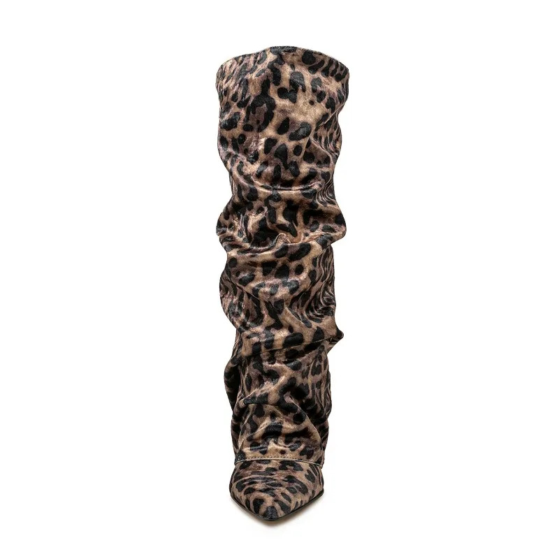 European And American Fashion Wedge Retro Sheepskin Pattern Sleeve Knee High Pleated For Women's Sexy Leopard Print Boots