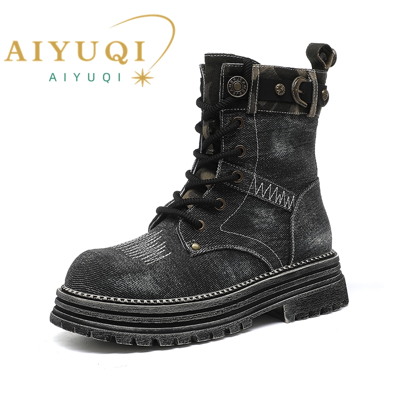AIYUQI Motorcycle Boots Women Fall 2024 New Denim Women's Ankle Boots Platform Vintage British Style Cargo Boots Ladies