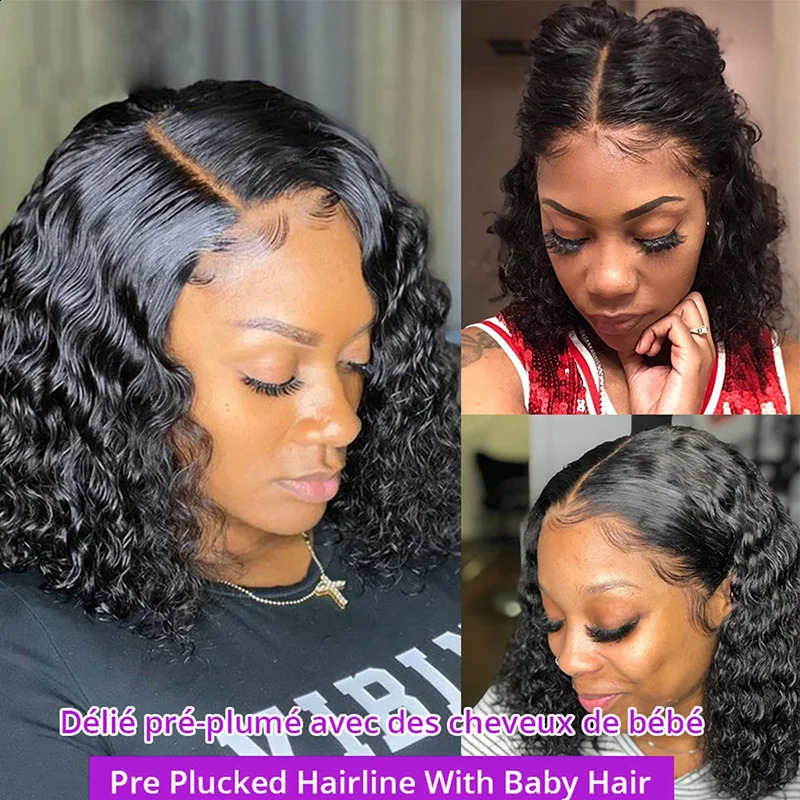 Deep Wave 180% Density Pre-Plucked Side Part Short Bob 13*4 Lace Frontal Brazilian Virgin Human Hair Wigs For Black Woman 240826CJ