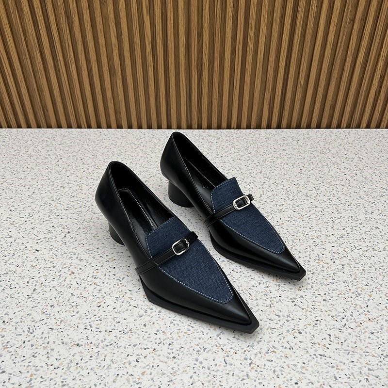 Women's French pointed thick heel middle heel belt buckle single shoe