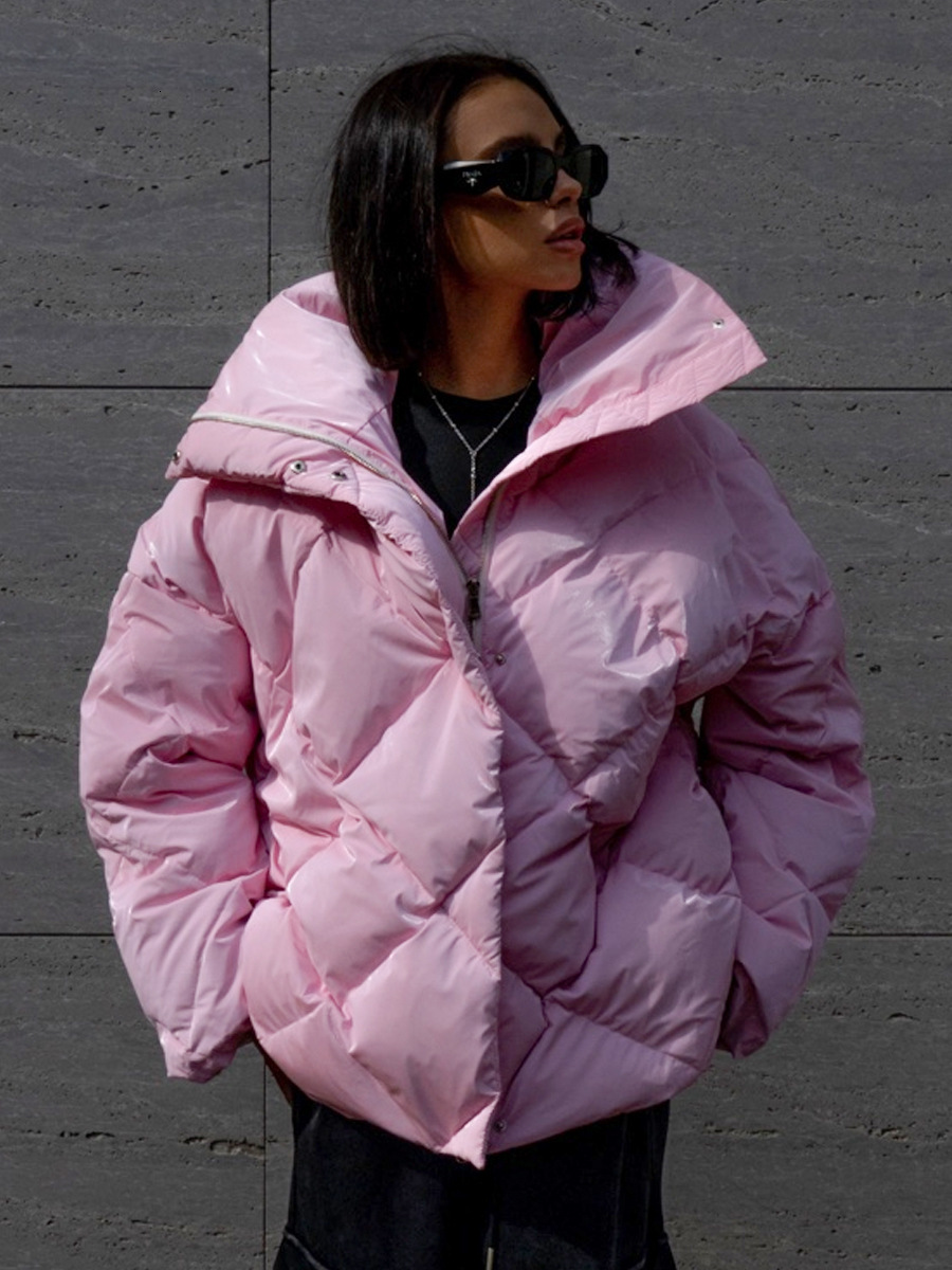 Lingge Cotton Clothing Womens Autumn and Winter New Loose Jacket Matte Glossy Lapel Cotton Jacket Casual Jacket