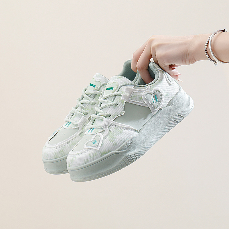 Women's height increasing thick soled pink green color sports and leisure board shoes