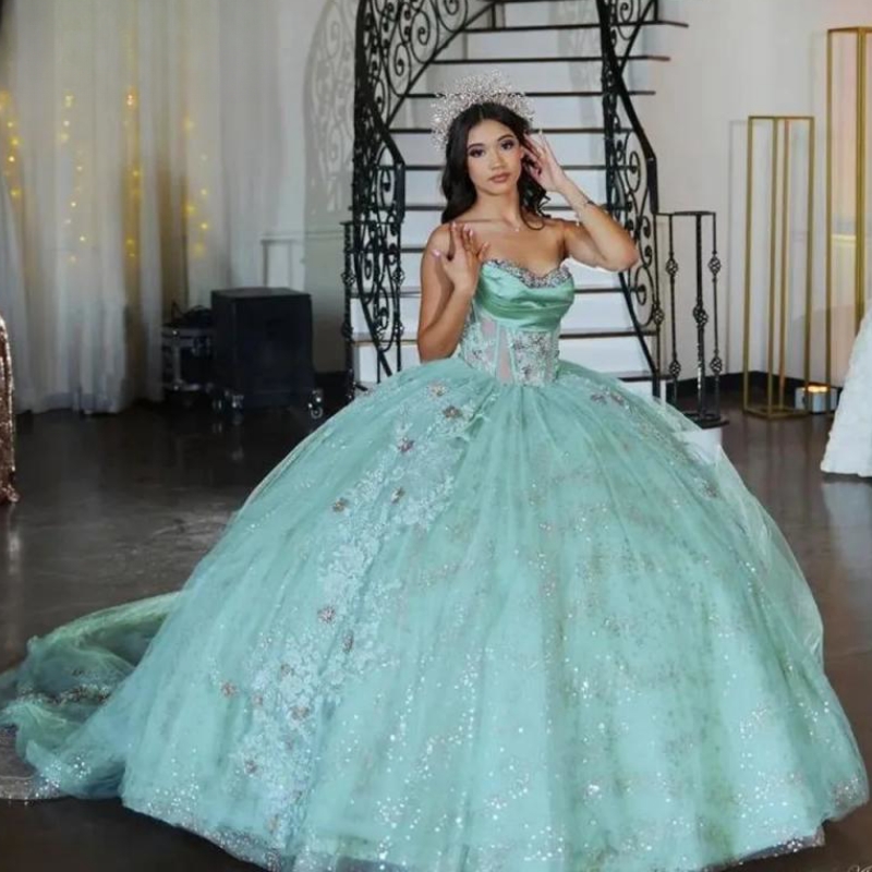 Mint Green Quinceanera Dresses Ball Gown 2024 Sweet 16 Dress Off the Shoulder Sequin Appliques Lace Beads Tull Vestido De 15 Anos