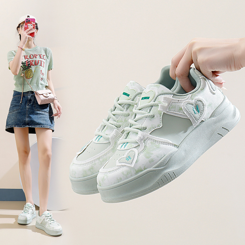 Women's height increasing thick soled pink green color sports and leisure board shoes