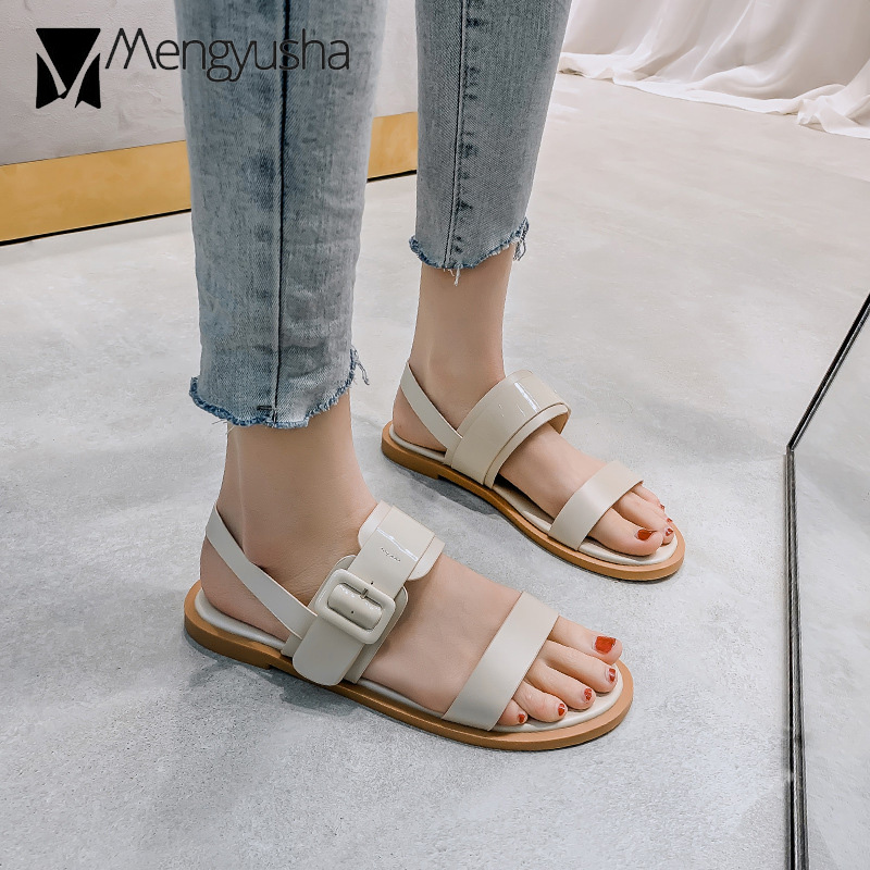 sweet women/girl's pink leather flat sandals double band buckle belt gladiator sandalias mujer brand sandalen New dames big size 43