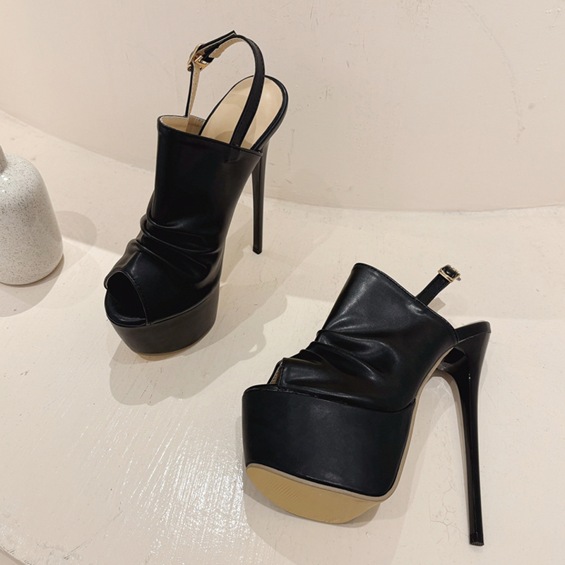 2025 new Summer Liyke Cozy Pleated Leather Women's Super High Heels Platform Sandals Sexy Peep Toe Party Nightclub Stripper Shoes Black fb47