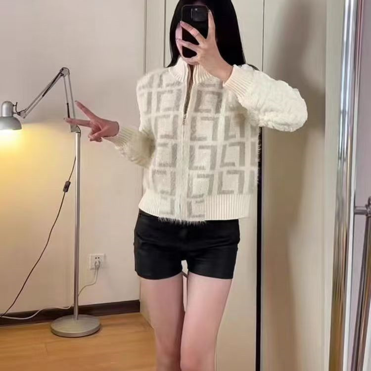 Designer High quality Mink Hair Stand Collar Knit Jacket Fashion Jacquard Full Letter Logo Zipper Knit Cardigan Jacke