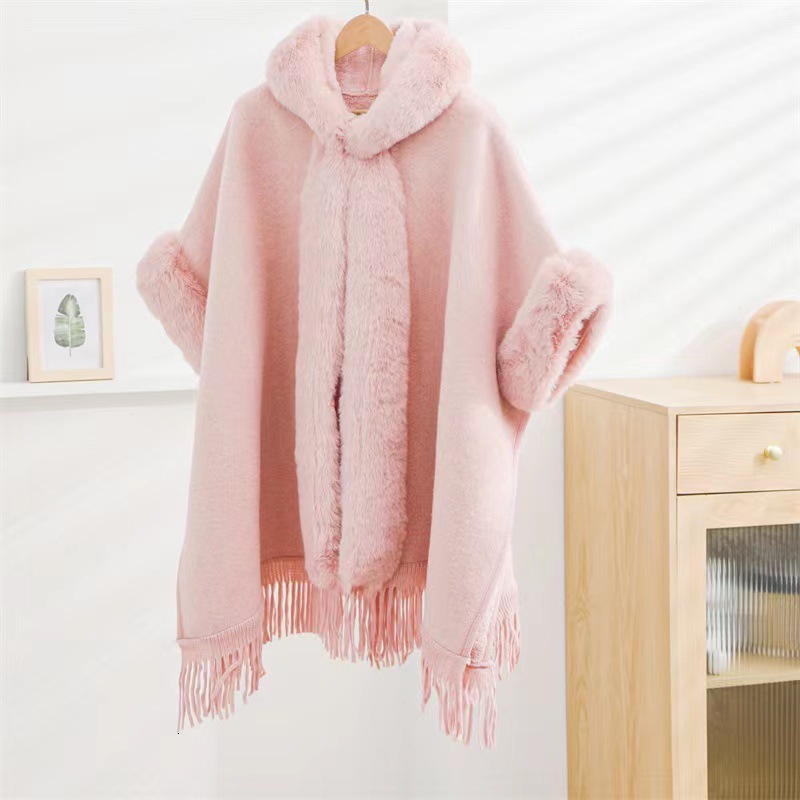 Live Streaming Hot New Loose Plush And Thick Fur Collar Hooded Tassel Knitted Cape Jacket For Women