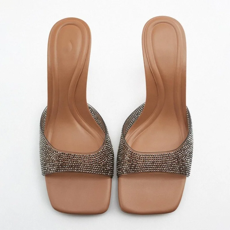 Peep Toe Women's Sandals Summer 2024 High Heels Bright Rhinestones Sexy Transparent PVC Slip-on Trendy Designer Ladies Shoes
