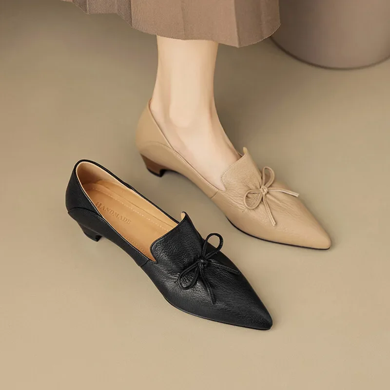 office lady elegant black shoes Women's pointed Toe mid Heels 2024 new Genuine leather retro pumps FT3427
