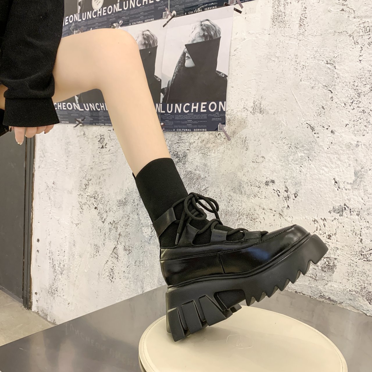 Women's Korean round toe lace up knitted casual fashion short boots