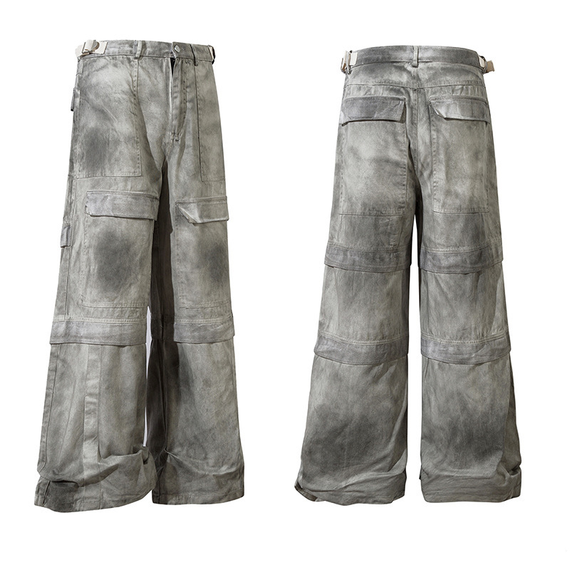 Niche Design Sense High Street Spray Painting Vintage Patchwork Work Pants American Loose Multi Pocket Jeans