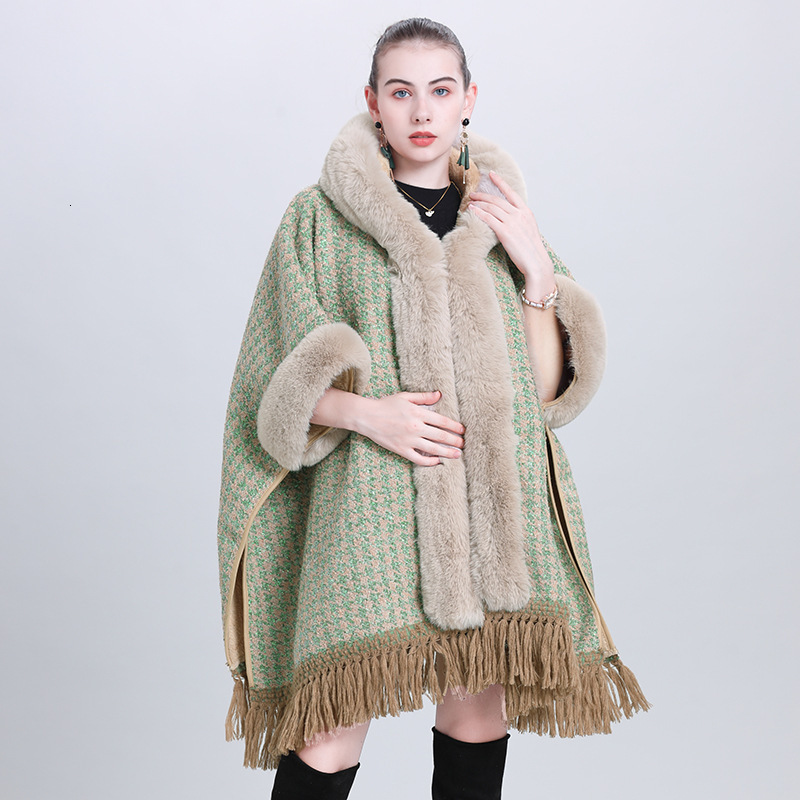Autumn and Winter New Cape Shawl Loose and Plush Thick Fur Collar Hooded Tassel Cardigan Shawl Cloak Outerwear 1186