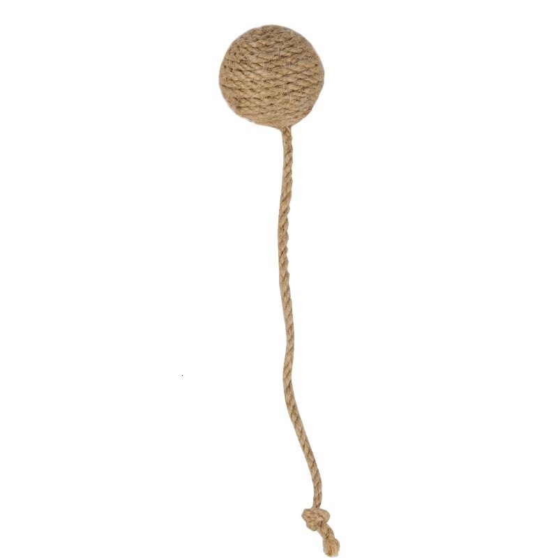 Cat with self satisfied, nibbg on multi-color playful cat toy, sisal ball, grinding teeth, making sound hemp rope tail ball