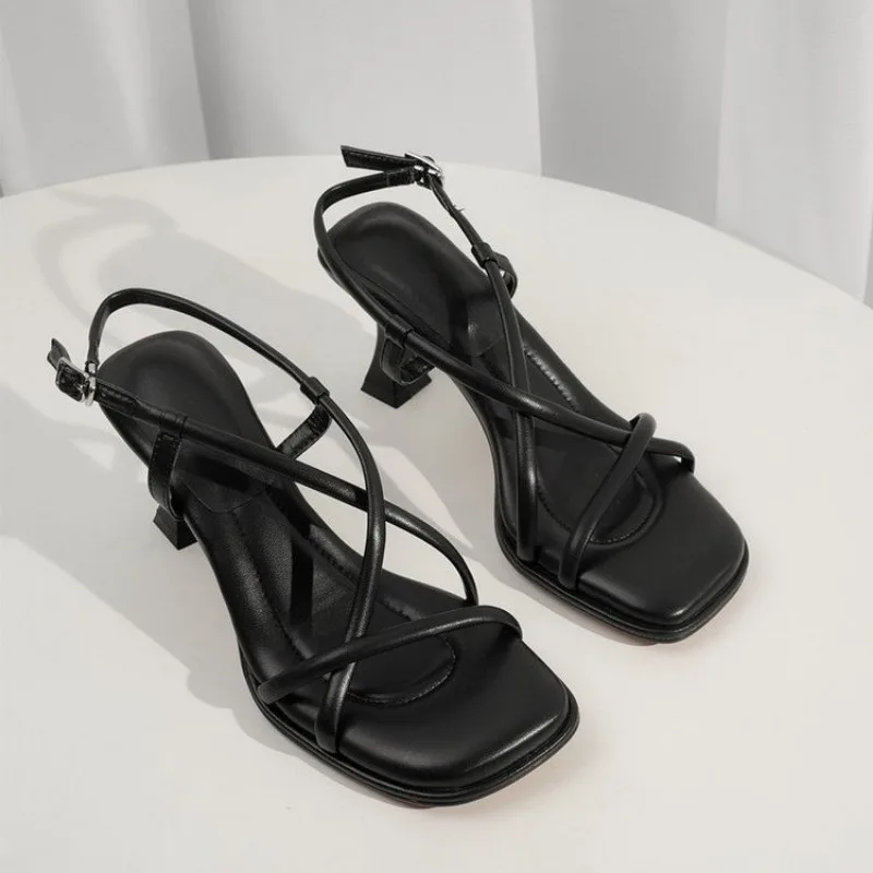 2024 Summer New Simple Square Headed Slim Strap Thick Heel Sandals for Women, Straight Toe Open Toe Sandals for Women