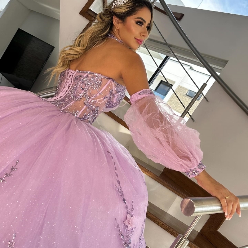 Lavender Quinceanera Dresses Beaded 3D Flowers Off Shoulder Sequin Applique Ball Gown Vestidos De 15 Anos Sweet 16 Birthday Party Fiesta