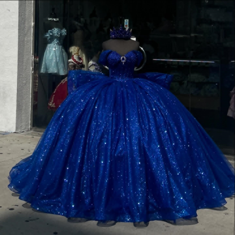 Royal Blue Mexican Quinceanera Dressess Off The Shoulder Sequin Beads Crystal Tull vestido 15 quinceaneras Corset Sweet 16 Dress
