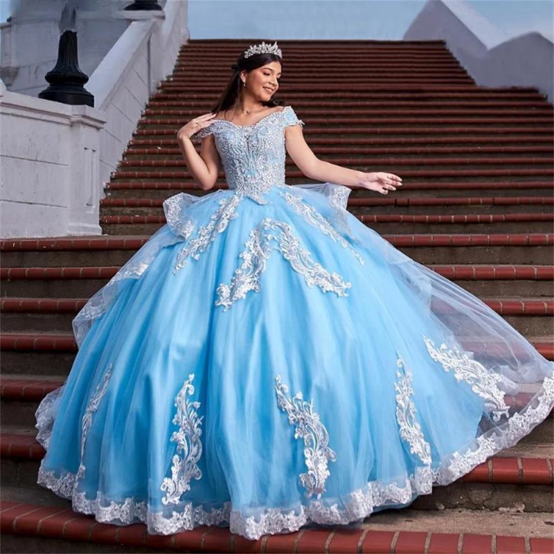 Princess Quinceanera Off Shoulder Lace Appliques Beads Crystal Tull Ball Gown Sweet 16 Dresses Vestidos De 15