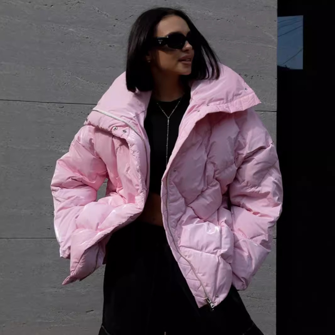 Lingge Cotton Clothing Womens Autumn and Winter New Loose Jacket Matte Glossy Lapel Cotton Jacket Casual Jacket