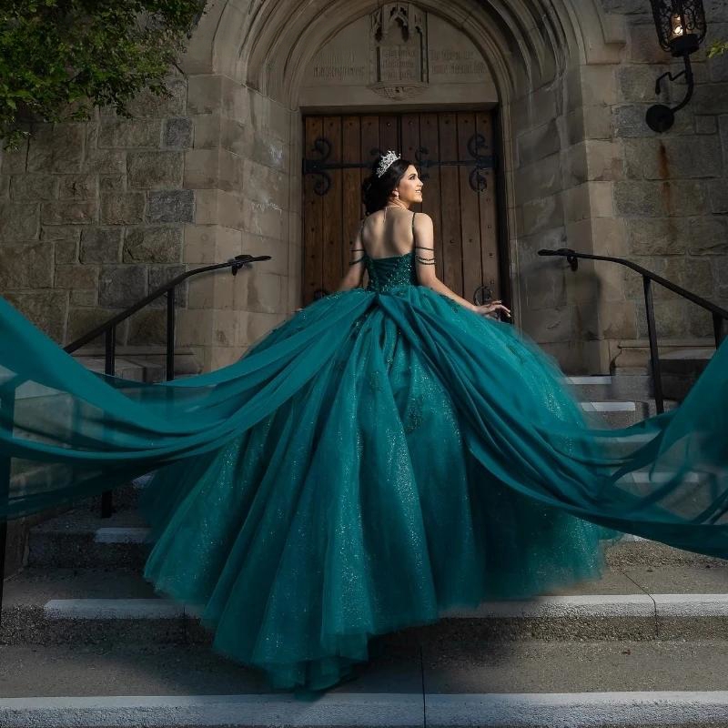 Mexican Dark Green Quinceanera Ball Gown Shiny Lace Applique Beaded Tull Corset Sweet 16 Dress Vestidos De 15 Anos