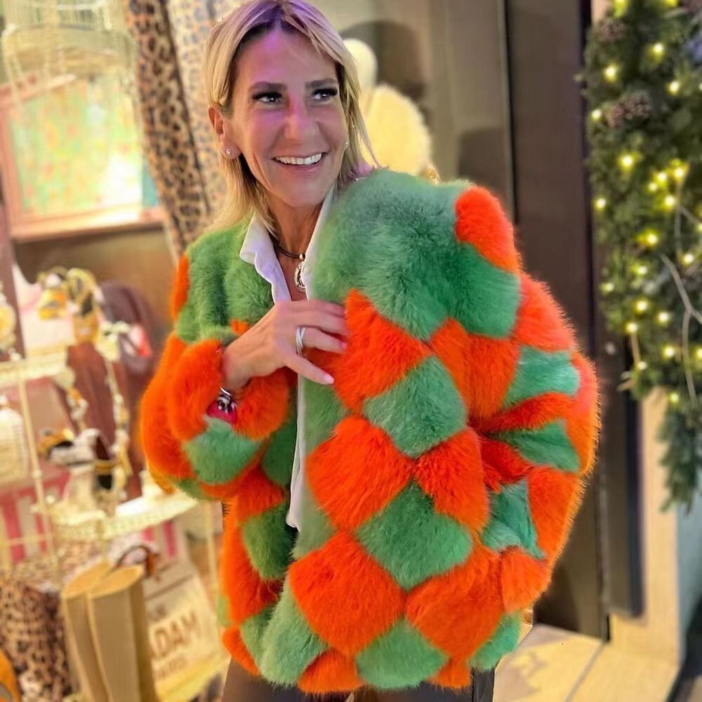 Autumn and Winter New Fur Coat Color Blocked Short Top Womens Warm Long Sleeved Plus Size Jacket
