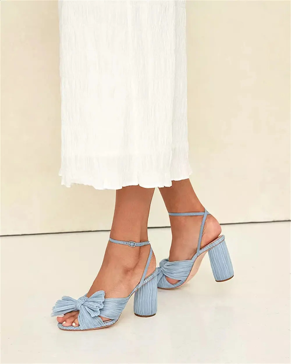 2024 Womens Block Heel Wedding Shoes for Brides Who Value Comfort And Style Pleated Bow Knot White Blue Party Sandals Big Size 240828