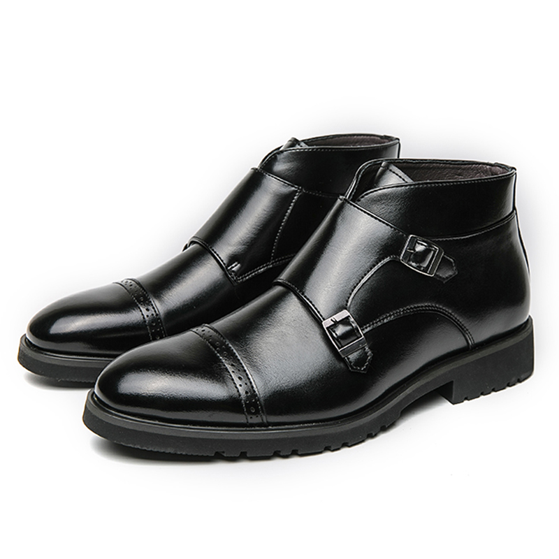Buckle Double Slip on Pointed New Toes Casual Leather Men Comfortable High Top Boots Party Mes Shoes 2116