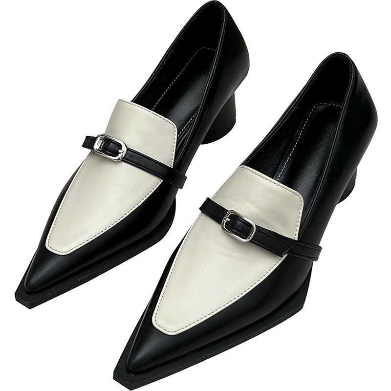 Women's French pointed thick heel middle heel belt buckle single shoe