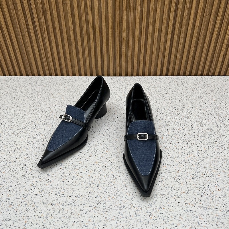 Women's French pointed thick heel middle heel belt buckle single shoe