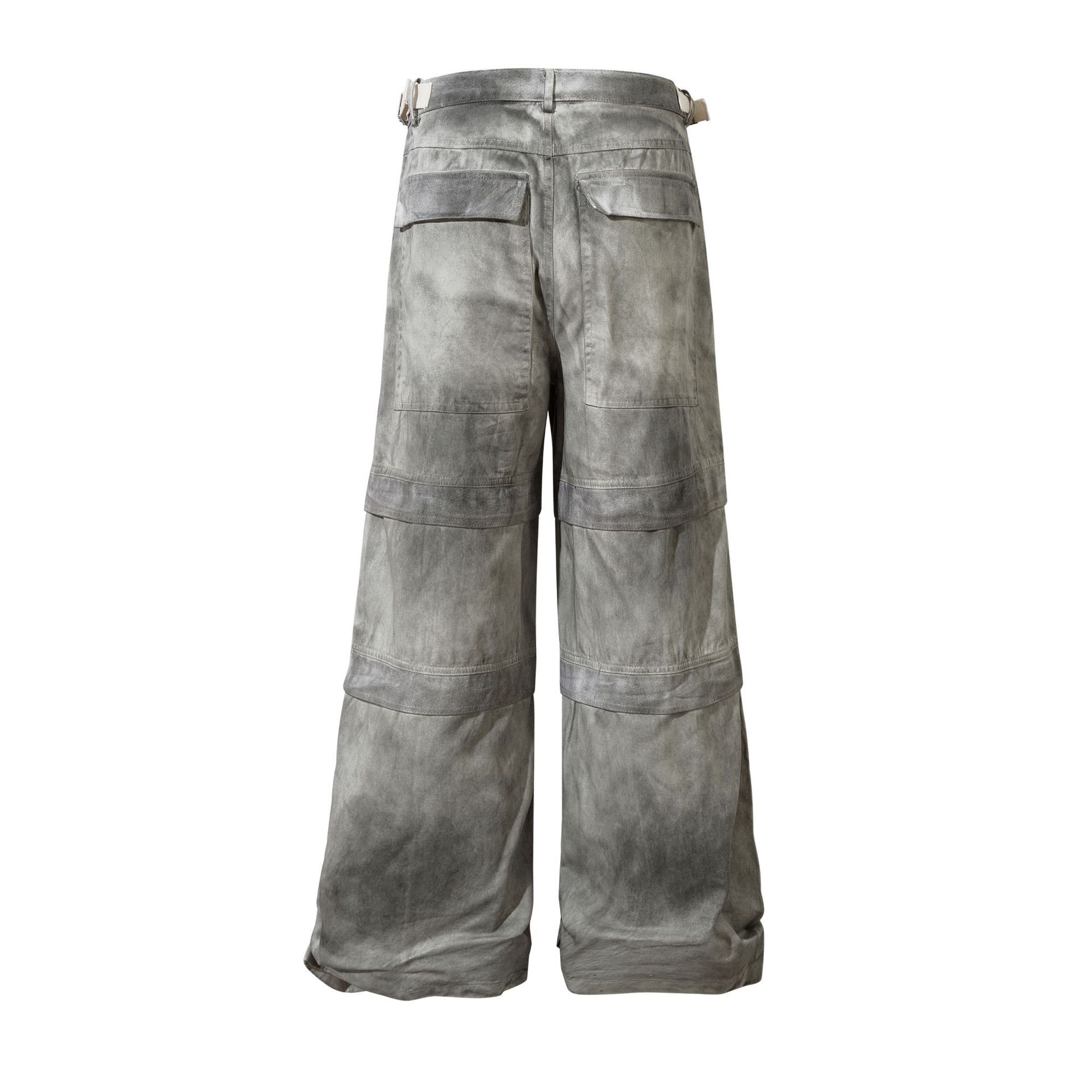 Niche Design Sense High Street Spray Painting Vintage Patchwork Work Pants American Loose Multi Pocket Jeans