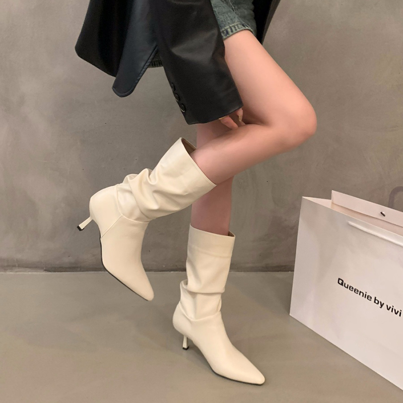 Designer Pleated Women Short Boots Fashion Elegant Pointed Toe Shoes Thin High Heels Ladies Knight Mid Calf Booties