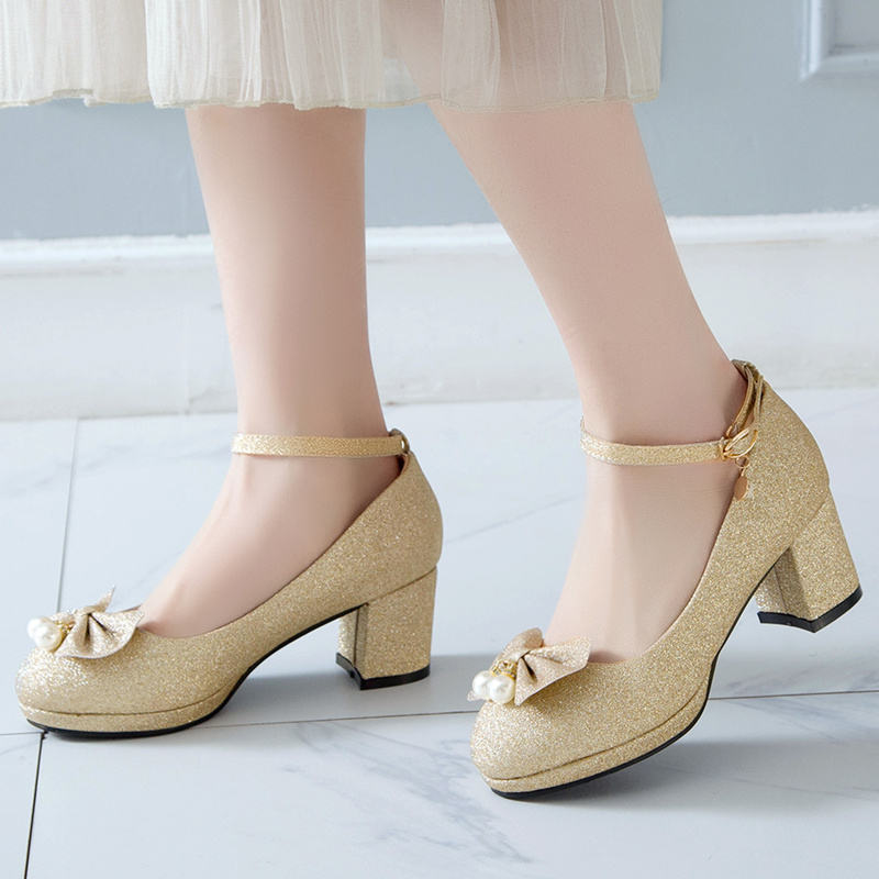2025 new Princess Elegant Lolita For Girls Cute Bow Pink Gold Sier Women Pumps Ankle Straps Party Wedding Shoes Female 6add