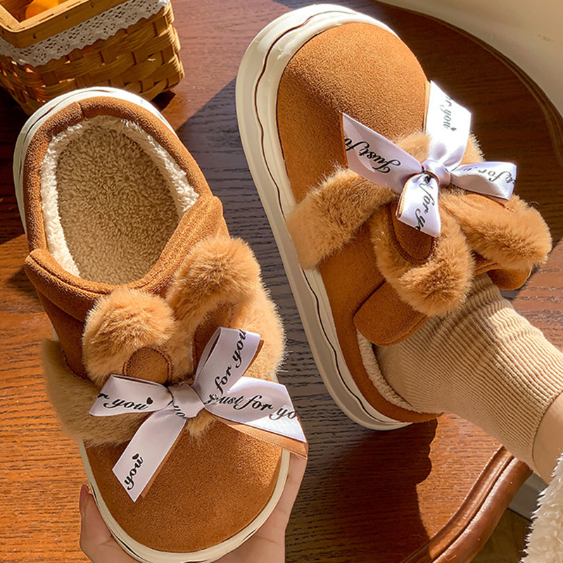 2025 NEW Home Lucyever Rabbit Bow Cotton Slippers for Women Winter Faux Suede Warm Slides Woman Comfy Thick Sole Plush Shoes Female hurenlakeshoes