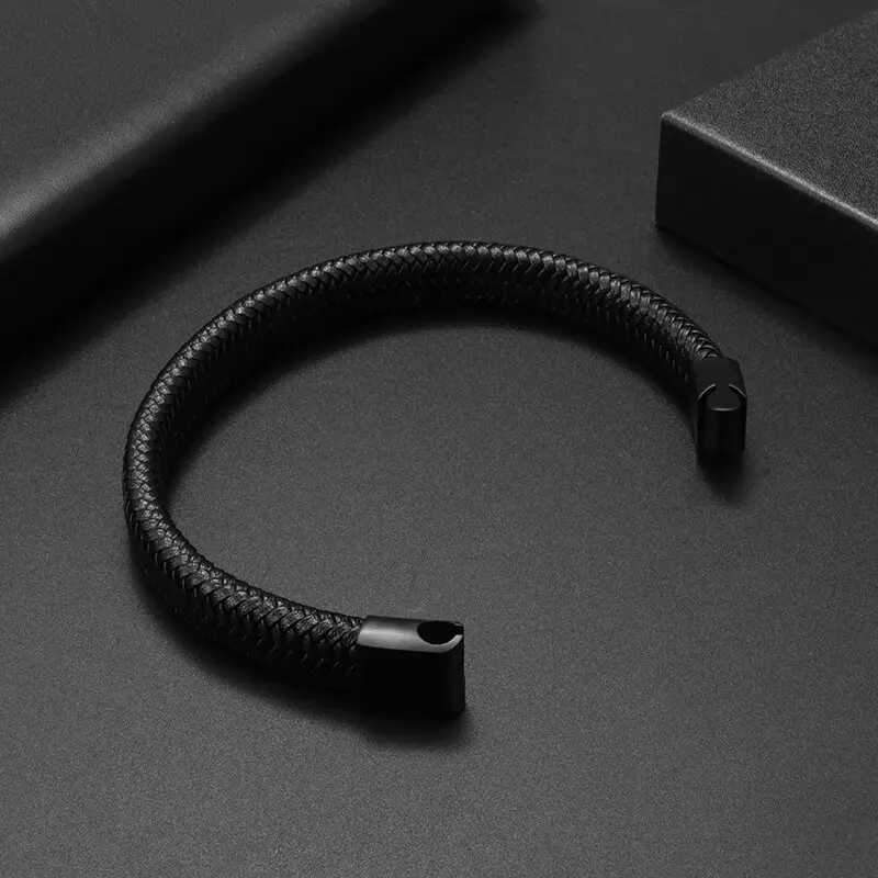 Simple style mens handmade leather bracelet black high-quality metal buckle fashionable casual wristband gift W240830