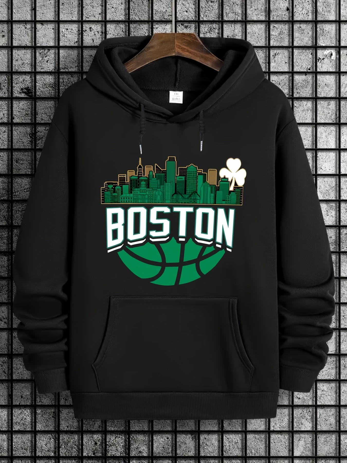 Cozy Boston Basketball Pattern Long Sleeve Hoodie - Soft Slight Stretch Polyester, Drawstring Hood, Kangaroo Pocket, Machine Washable - Casual Versati