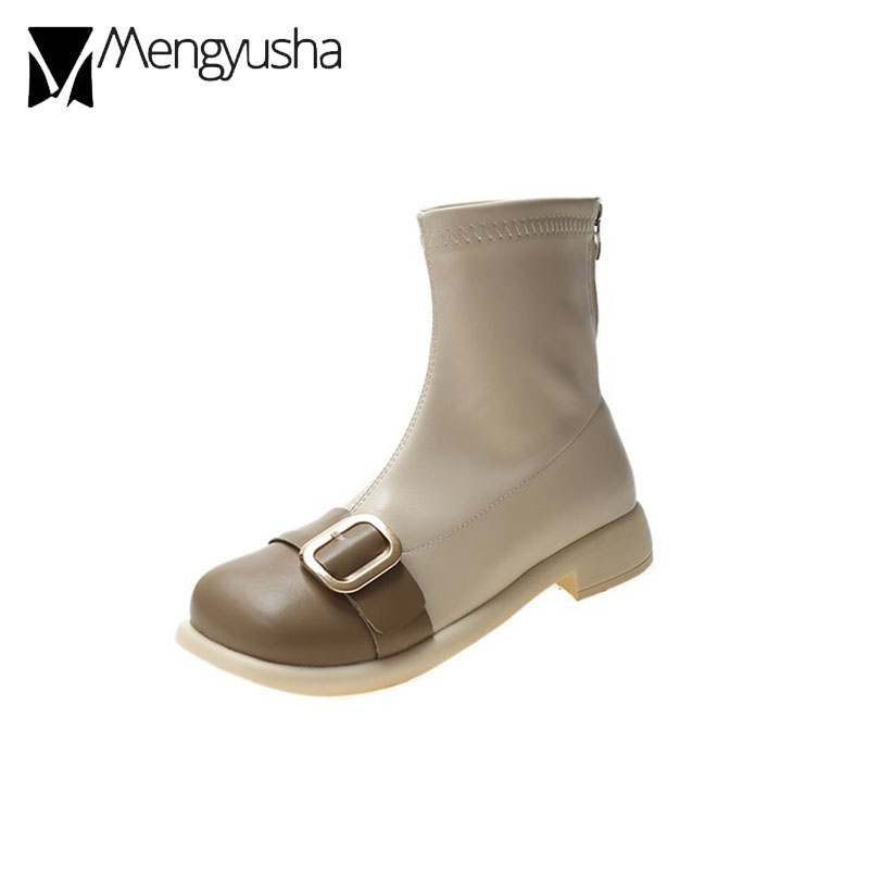 patchwork black/beige leather shoes woman buckle belt motorcycle goth bottes femme brand designer short tube boots 7c76