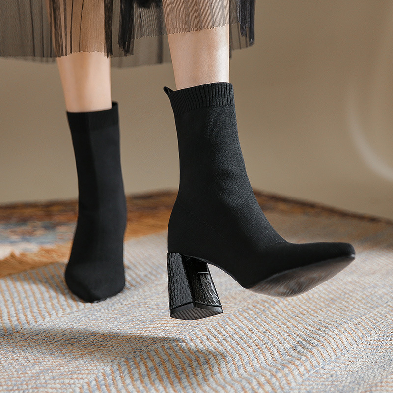 big size 35-42 sock boots women high heels winter shoes pointed toe knitting ankle bottine femme stretch yarn elastic botas c620