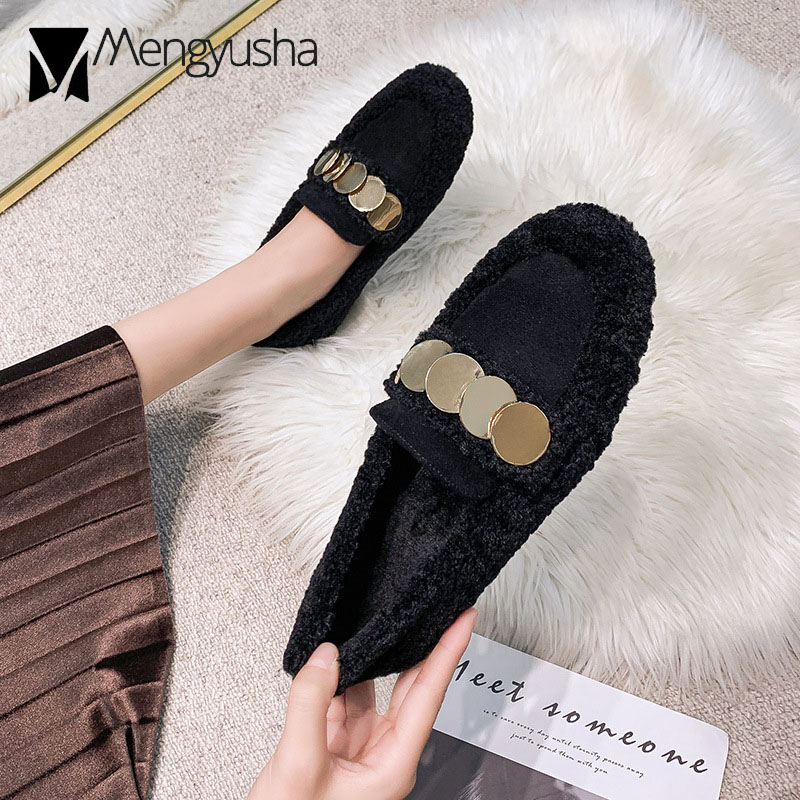 metal 55c3b gold sheet decoration lamb flats women warm plush padded winter ladies suede patchwork curly fur cotton shoes