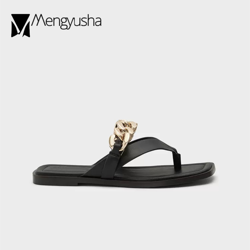 Brand 2023 Ladies Flip ps Metal Chains New Slippers Flats Heels Slip On Pantufa Slides Woman Outdoor Beach Sandals Summer Shoes