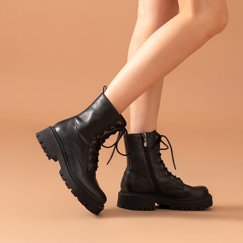 Ankle BeauToday Boots Women Genuine Cow Leather Round Toe Solid Color Side Zipper Retro Platform Ladies Shoes Handmade A04420 3870
