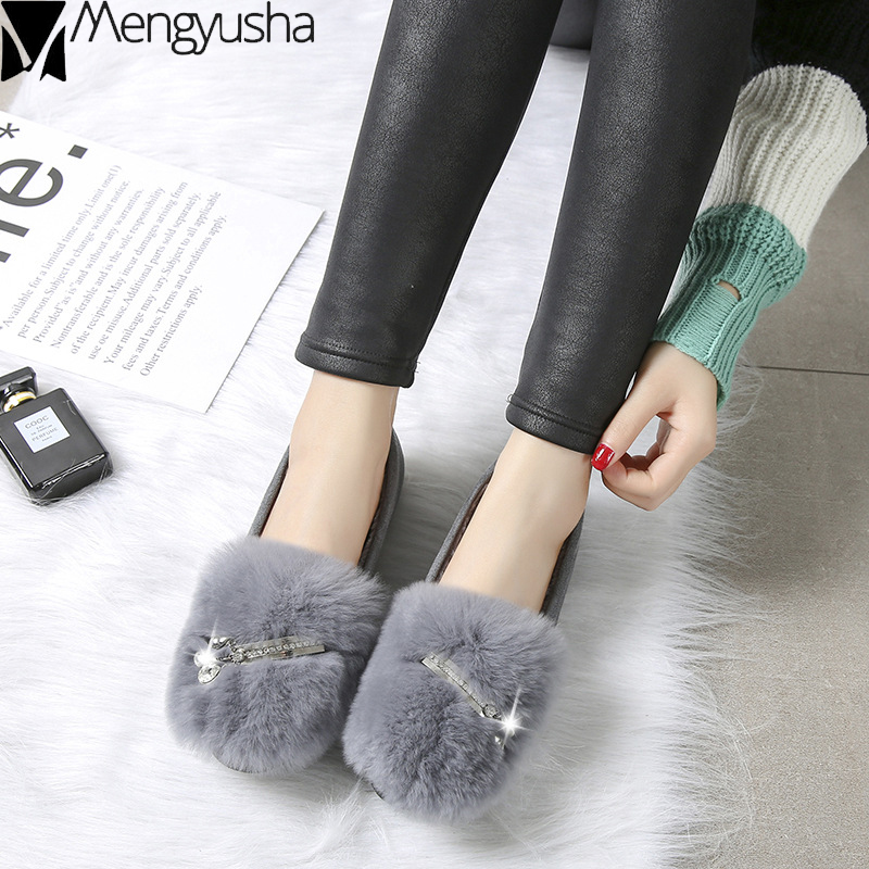 fur rabbit plush Rhie aaa75 shoes winter creepers woman cotton flats glitter crystal comfy loafers solid female metal moccasins