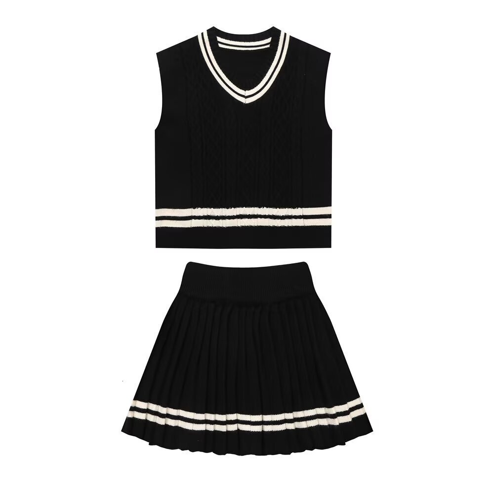 Pleated Short Skirt Style V-neck New Product Womens Clothing College Style Knitted Suit Autumn Contrasting Vest