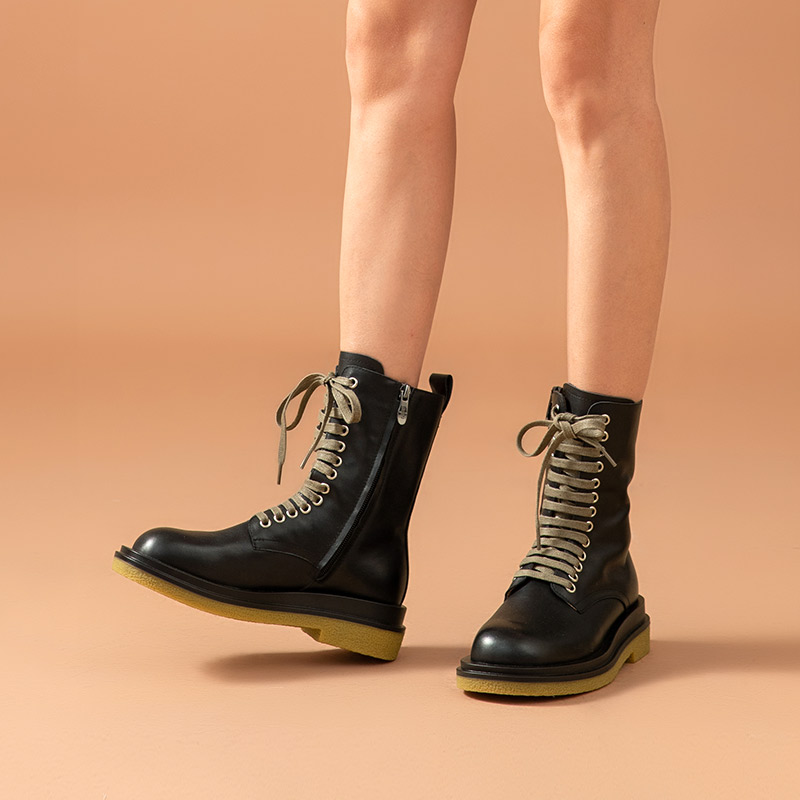Mid-Calf BeauToday Boots Women Genuine Cow Leather Side Zip Lace Up Female Platform Lady Autumn Winter Shoes Handmade 03517 83bd