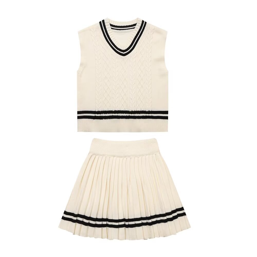 Pleated Short Skirt Style V-neck New Product Womens Clothing College Style Knitted Suit Autumn Contrasting Vest