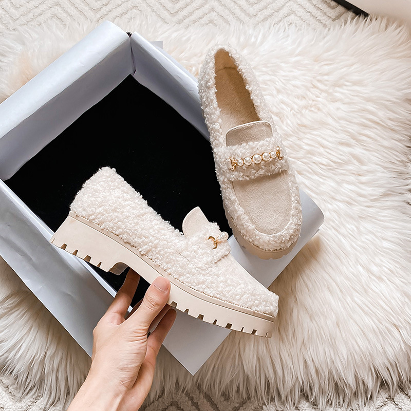 pearl brand 8560e designer strings fur flats women round toe villus creepers beading lambwool platform cotton moccasins shoes woman