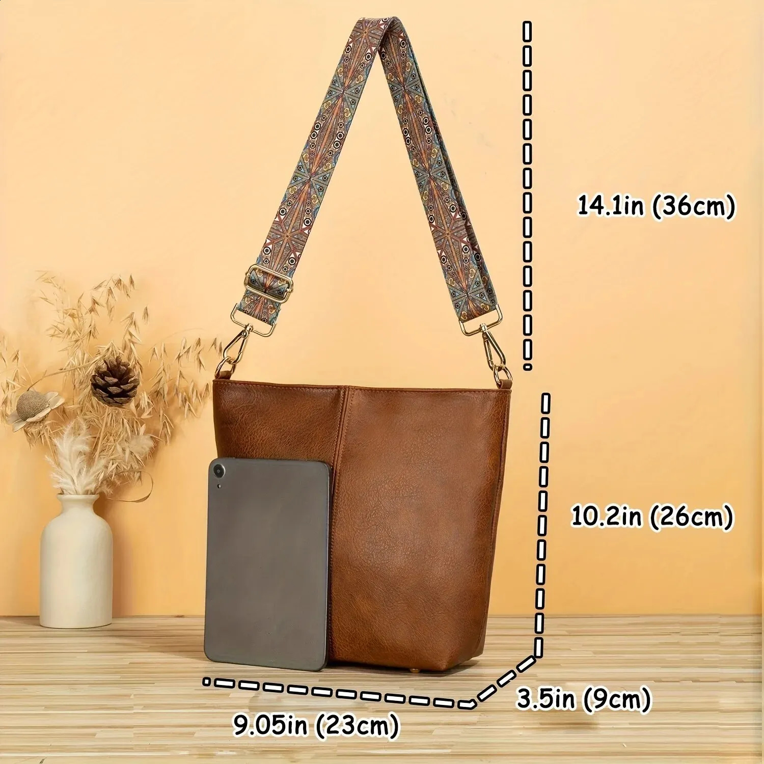 Retro Style Bucket Crossbody Bag Boho Shoulder Faux Leather Purse With Ethnic Strap y240902