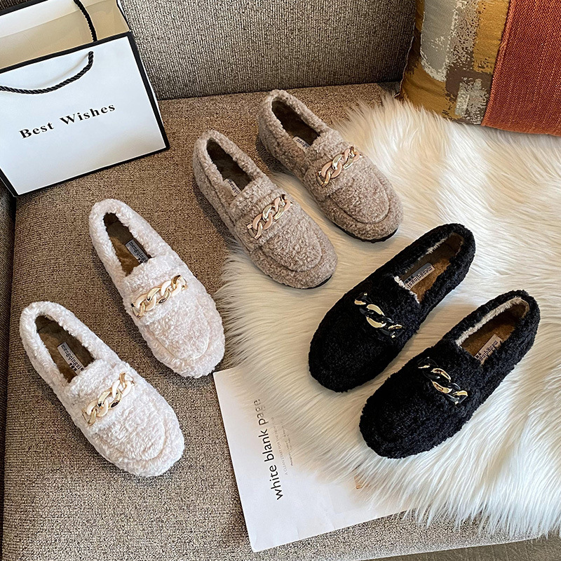 Designer Fur flats Lamb women metal chains platform fur moccasins ladies cozy plush cotton winter shoes furry loafers big size43