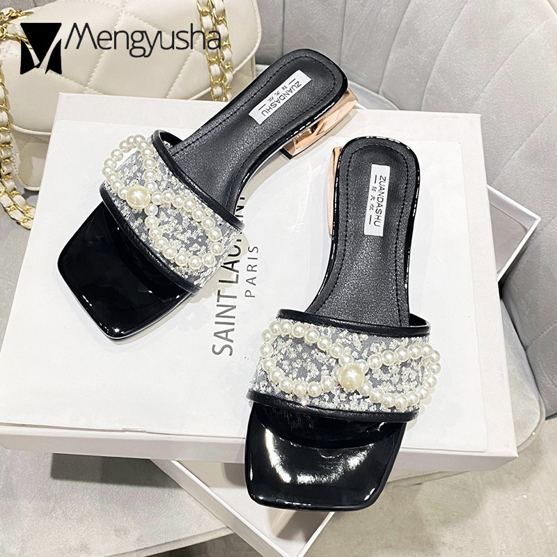Pearl Brand European Bow Sandals Women String Beaded Slippers Square Low Heel Open Toe Flipps Ladies Beach Slides Shoes Woman
