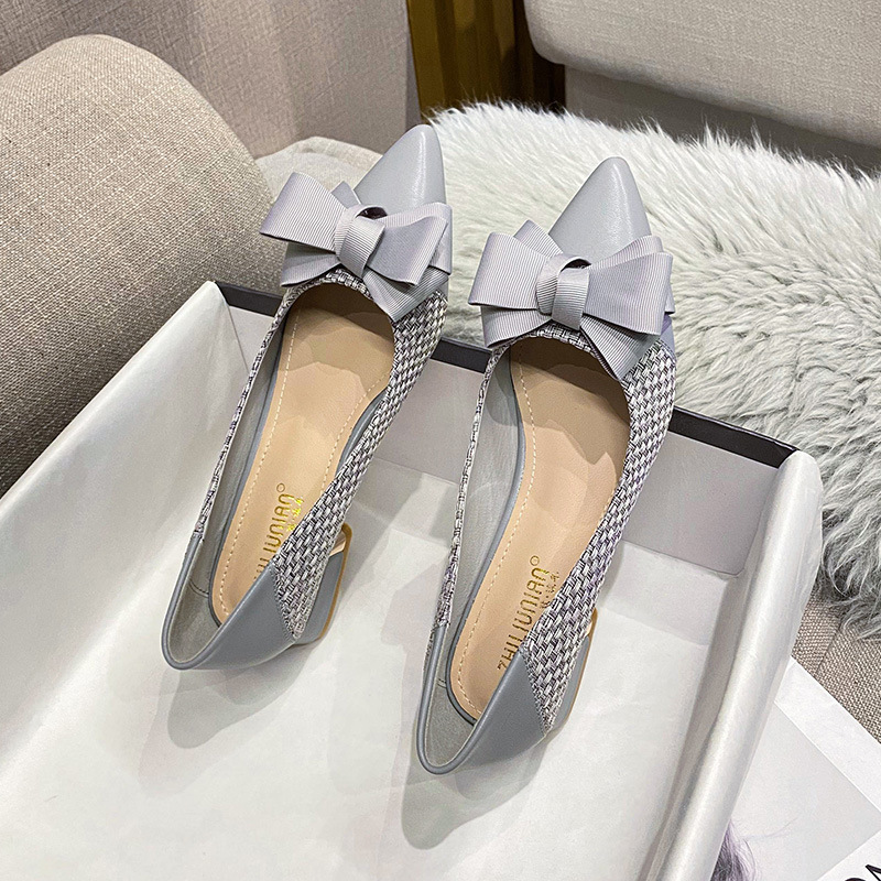 bow pumps women beb0a wer brand designer knitting med-high hees OL shoes pointy leather patchwork tacones mujer big size 43